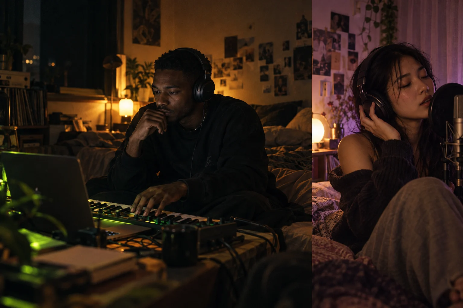 Illustrative producer and vocalist, both fully visible in their bedroom music spaces