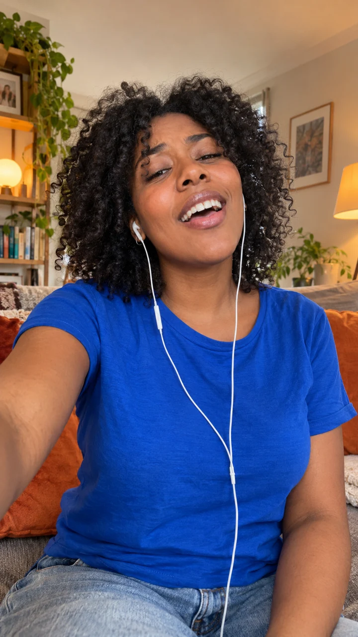 Illustrative creator singing into her phone at home